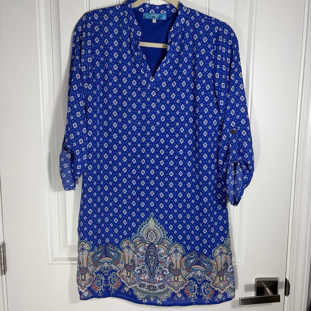 Buttons Women's S Cobalt Blue Paisley Border Print Roll Tab Sleeve Shift Dress